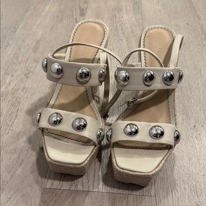 Cinq a Sept Cream Platform Sandals with Silver Accents